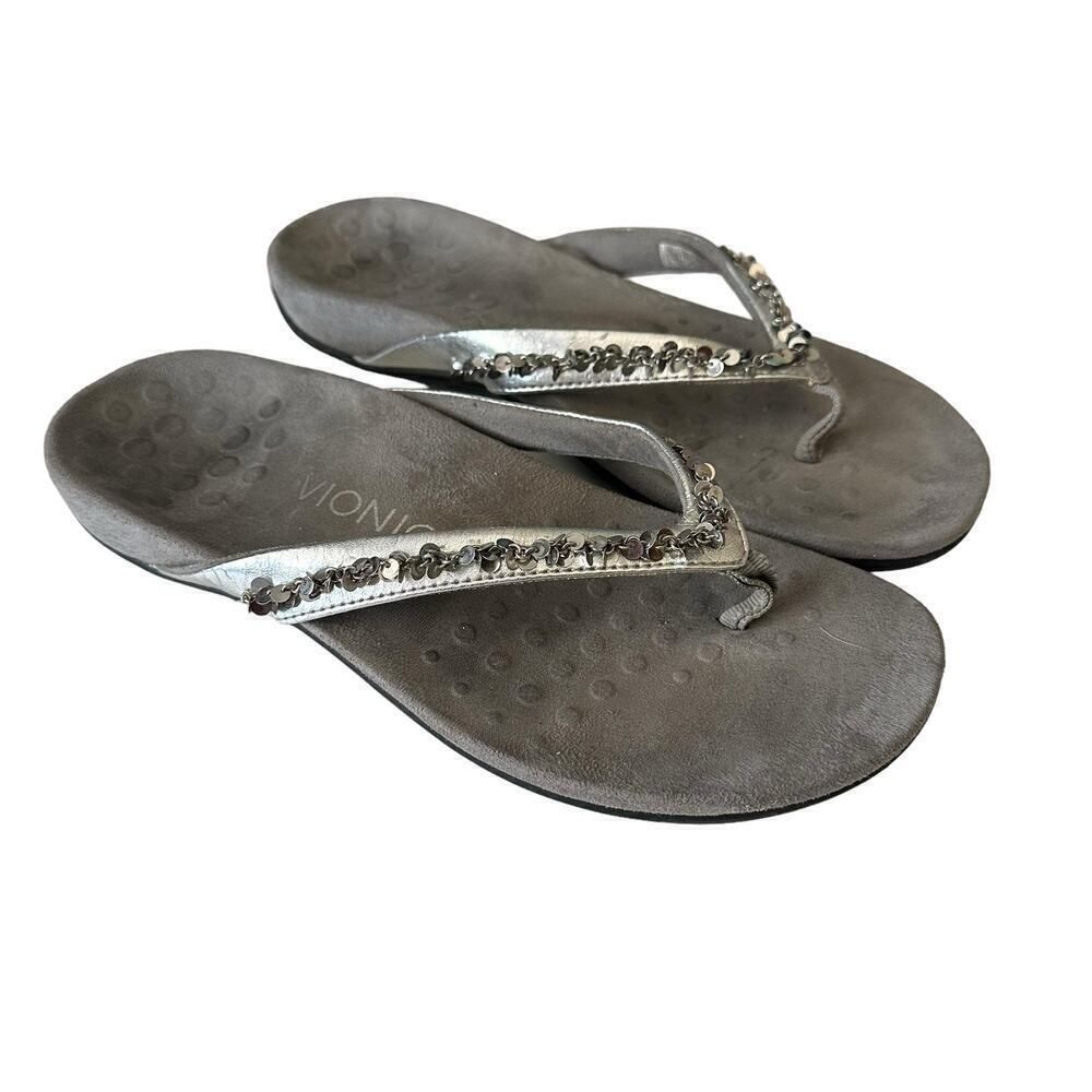Vionic Belize Thong Sandals‎ Women's 8 Silver Beaded Arch Support Comfort